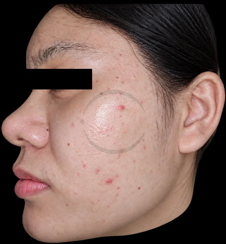 The same cheek area after 5 sessions, with nearly all inflammatory lesions flattened, smoother skin, and faint remaining dark spots